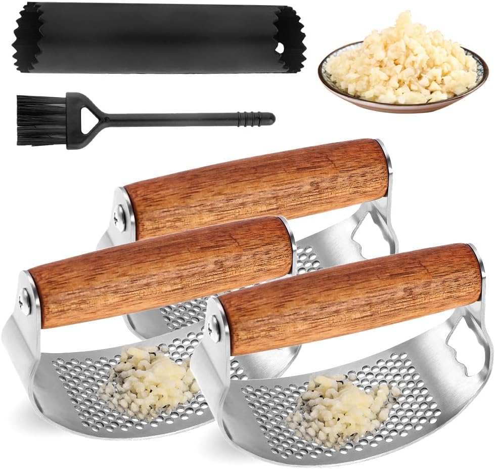 Garlic Press Rocker, 2025 New Manual Stainless Steel Garlic Presser Rocker, Crusher Masher with Garlic Peeling Drum Brush for Home Kitchen Utensils (1)