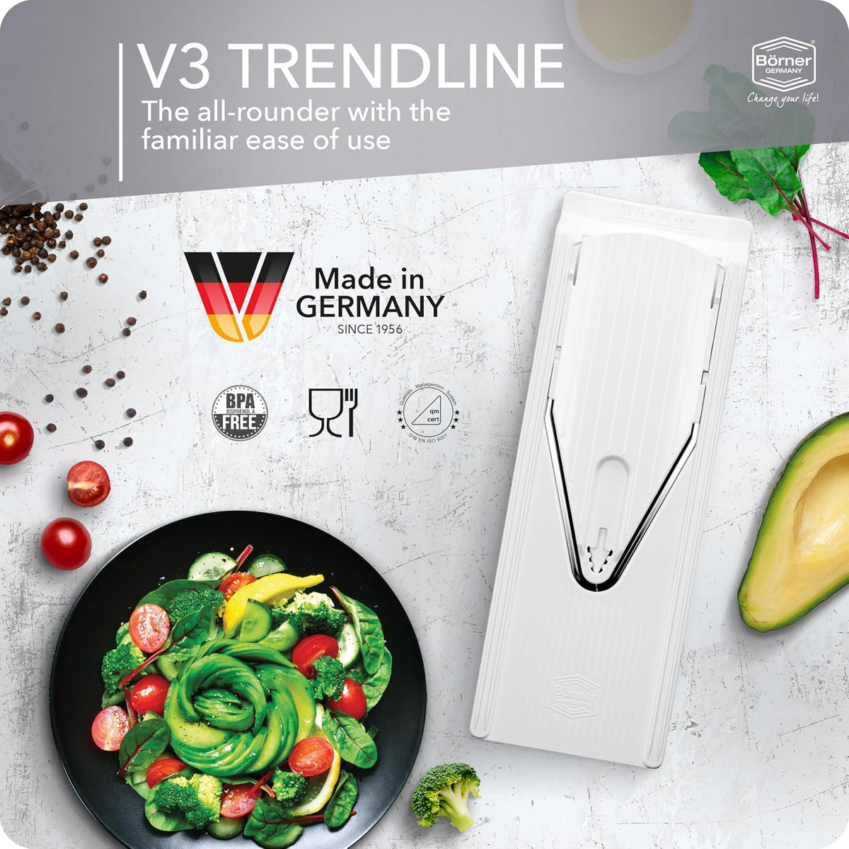 Mandoline Slicer V3 (Basic Set) • V-Slicer for Vegetables & Fruits • Adjustable Kitchen Slicer • 3 Thickness Settings • With Rubber Feet & Stainless Steel V-Blade • Color: White