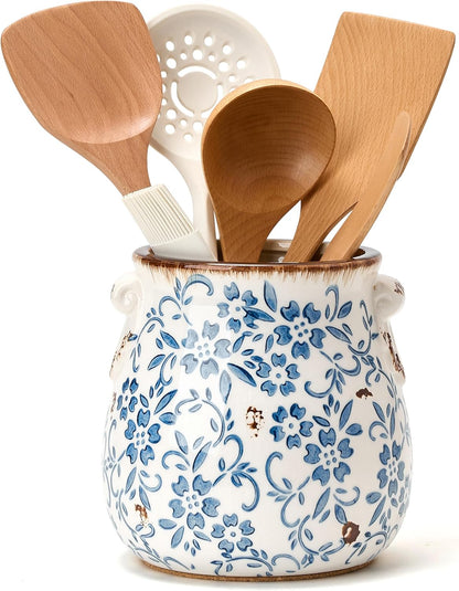6.38“H Utensil Holder for Kitchen Counter, Modern Farmhouse Cooking Utensil Holder and Crock Home Kitchen Decor, Ceramic Utensil Organizer for Spatula, Ladle, Eggbeater, Rolling Pin- Blue and Brown