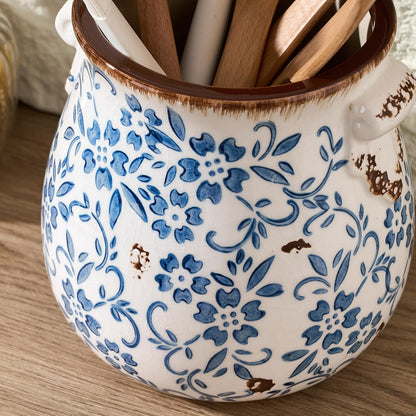 6.38“H Utensil Holder for Kitchen Counter, Modern Farmhouse Cooking Utensil Holder and Crock Home Kitchen Decor, Ceramic Utensil Organizer for Spatula, Ladle, Eggbeater, Rolling Pin- Blue and Brown