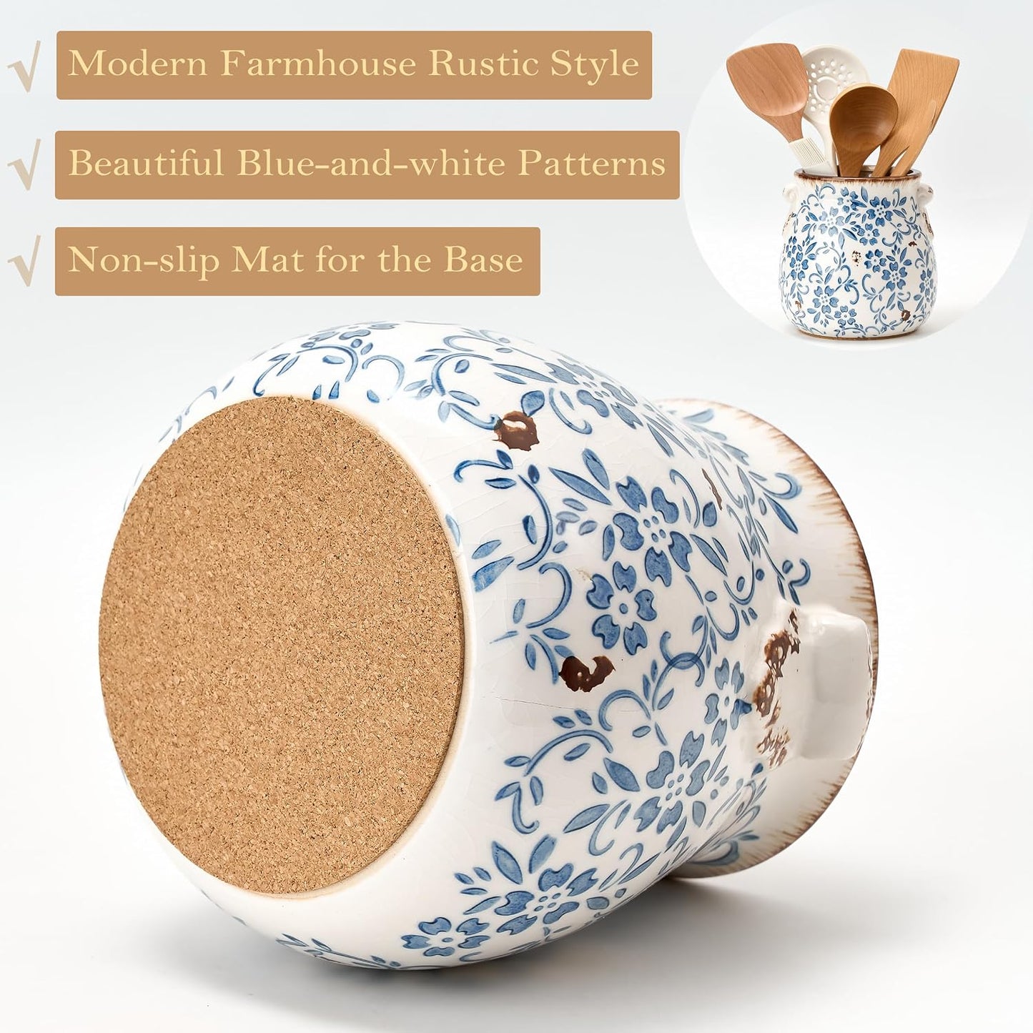 6.38“H Utensil Holder for Kitchen Counter, Modern Farmhouse Cooking Utensil Holder and Crock Home Kitchen Decor, Ceramic Utensil Organizer for Spatula, Ladle, Eggbeater, Rolling Pin- Blue and Brown