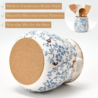 6.38“H Utensil Holder for Kitchen Counter, Modern Farmhouse Cooking Utensil Holder and Crock Home Kitchen Decor, Ceramic Utensil Organizer for Spatula, Ladle, Eggbeater, Rolling Pin- Blue and Brown