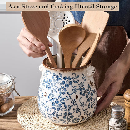6.38“H Utensil Holder for Kitchen Counter, Modern Farmhouse Cooking Utensil Holder and Crock Home Kitchen Decor, Ceramic Utensil Organizer for Spatula, Ladle, Eggbeater, Rolling Pin- Blue and Brown