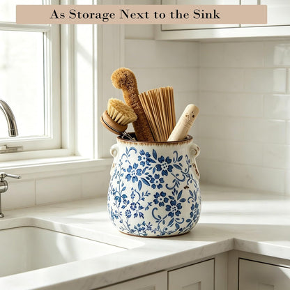 6.38“H Utensil Holder for Kitchen Counter, Modern Farmhouse Cooking Utensil Holder and Crock Home Kitchen Decor, Ceramic Utensil Organizer for Spatula, Ladle, Eggbeater, Rolling Pin- Blue and Brown