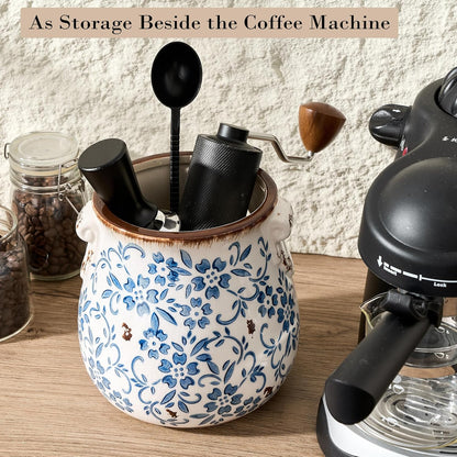 6.38“H Utensil Holder for Kitchen Counter, Modern Farmhouse Cooking Utensil Holder and Crock Home Kitchen Decor, Ceramic Utensil Organizer for Spatula, Ladle, Eggbeater, Rolling Pin- Blue and Brown