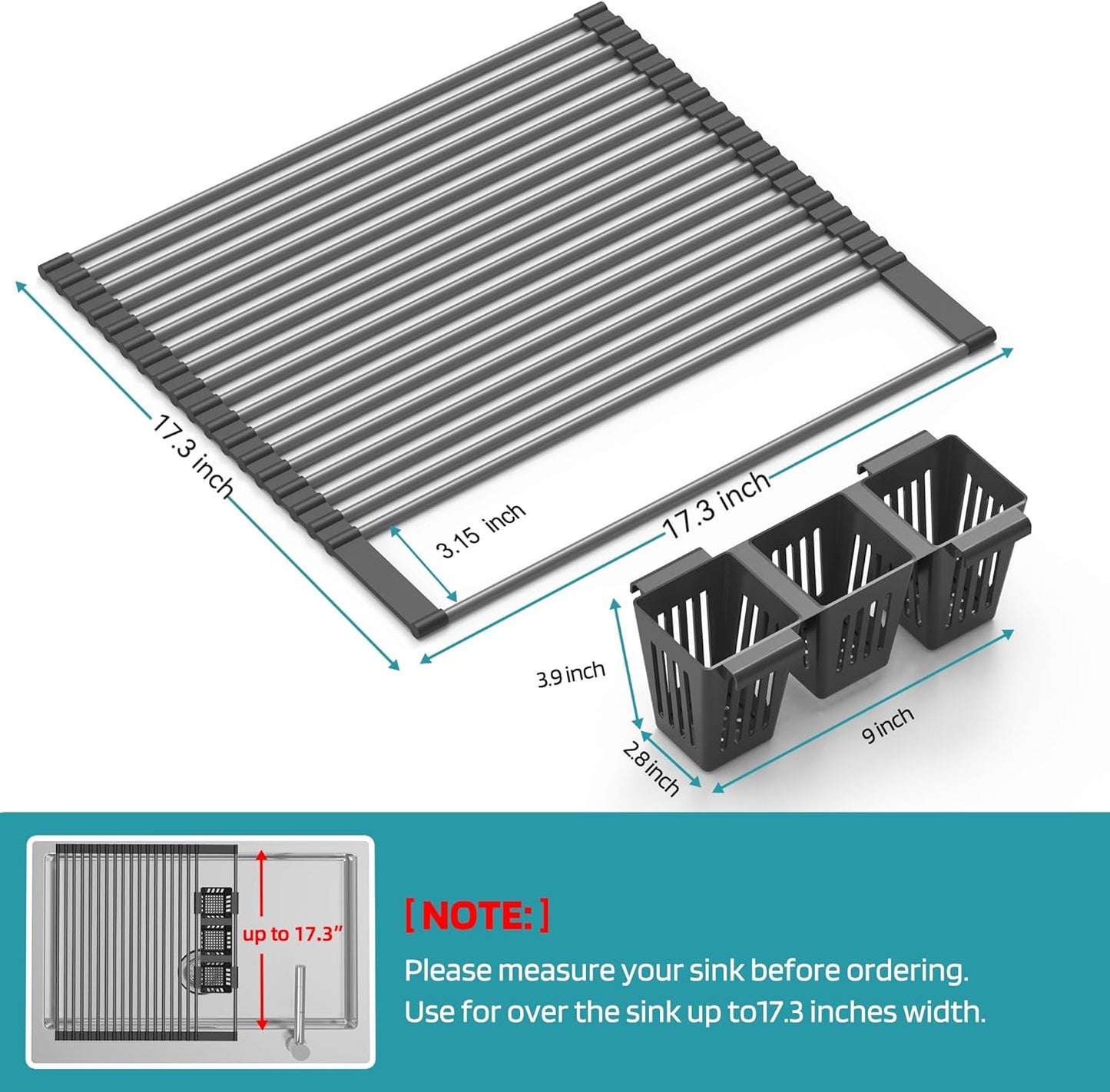 Roll Up Dish Drying Rack, Silicone Wrapped Over The Sink Multipurpose Foldable Dish Drainer Anti-Slip Dish Racks for Kitchen Counter, Sink Drying Rack Cover with Utensil Holder (Black, 17.3" x 17.6")