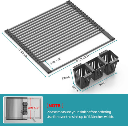 Roll Up Dish Drying Rack, Silicone Wrapped Over The Sink Multipurpose Foldable Dish Drainer Anti-Slip Dish Racks for Kitchen Counter, Sink Drying Rack Cover with Utensil Holder (Black, 17.3" x 17.6")