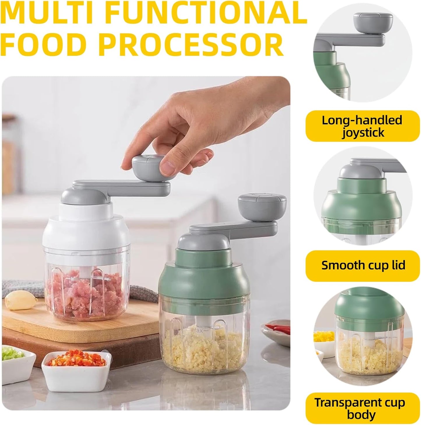 Multi-Functional Manual Food Processor Vegetable Chopper, Hand-Powered handle Onion Chopper with Clear Container, Food Chopper for Vegetables Meat Fruits Nuts Herbs Onions,Ideal Gift (White)