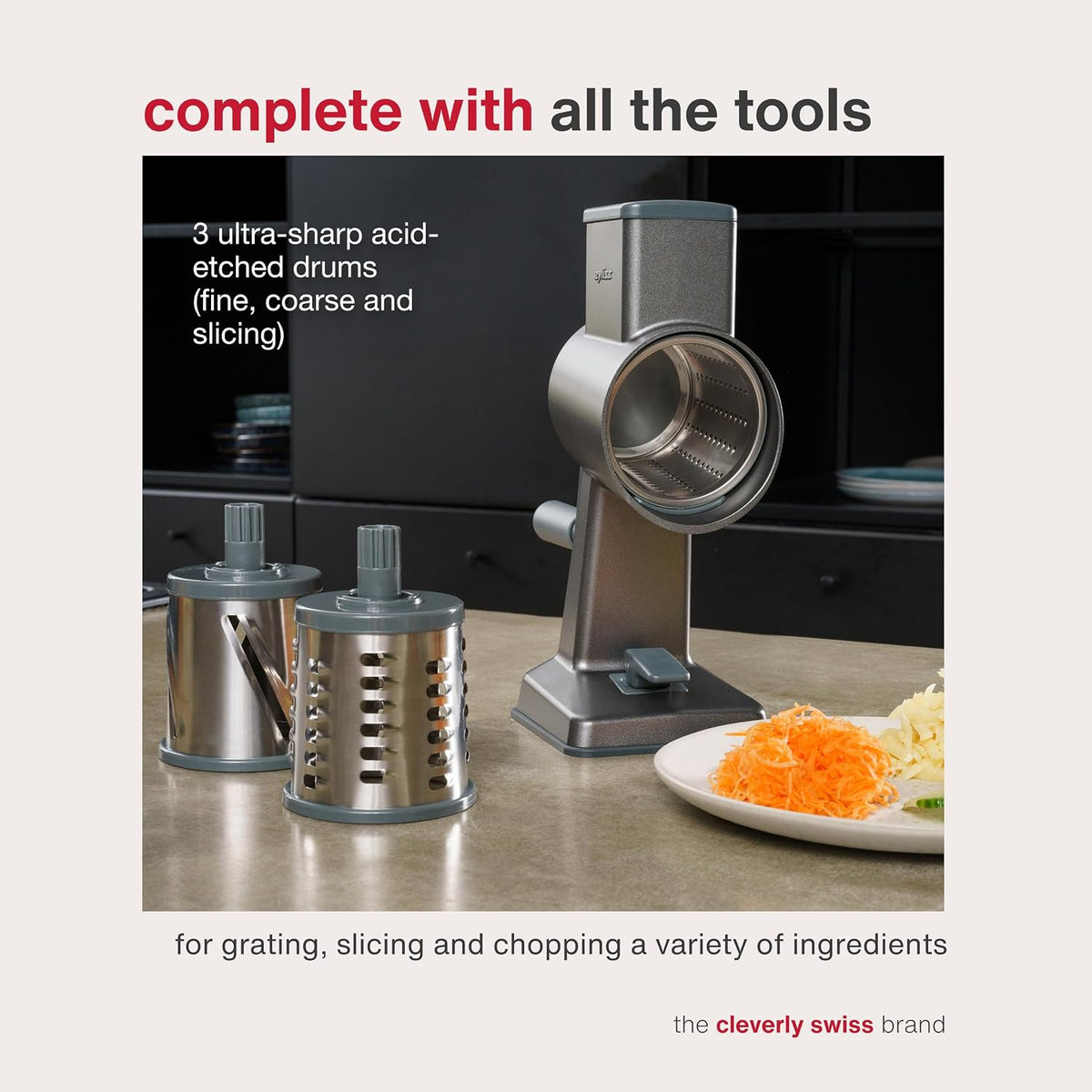 Rotary Cheese Grater, Aluminium, 3 Steel Drum Blades, Cheese, Vegetable, Chocolate, Nut, Fruit Grater with Handle, Non-Slip Suction Foot and Table Clamp, 5 Year Guarantee