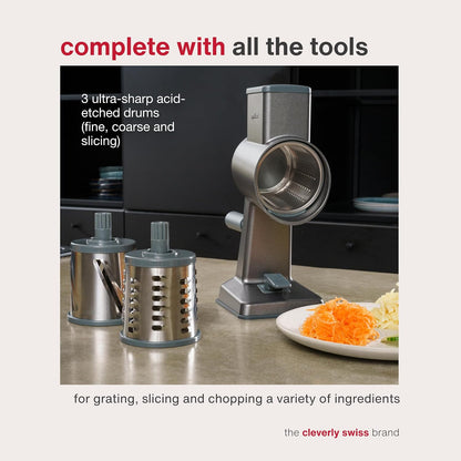 Rotary Cheese Grater, Aluminium, 3 Steel Drum Blades, Cheese, Vegetable, Chocolate, Nut, Fruit Grater with Handle, Non-Slip Suction Foot and Table Clamp, 5 Year Guarantee