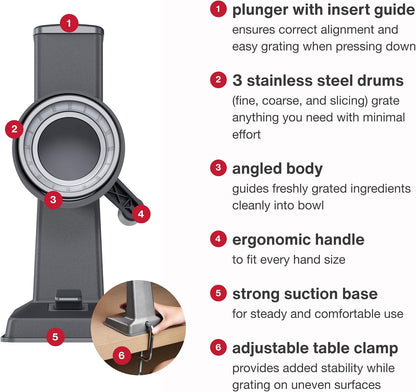 Rotary Cheese Grater, Aluminium, 3 Steel Drum Blades, Cheese, Vegetable, Chocolate, Nut, Fruit Grater with Handle, Non-Slip Suction Foot and Table Clamp, 5 Year Guarantee