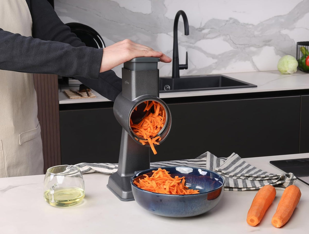 Rotary Cheese Grater, Aluminium, 3 Steel Drum Blades, Cheese, Vegetable, Chocolate, Nut, Fruit Grater with Handle, Non-Slip Suction Foot and Table Clamp, 5 Year Guarantee