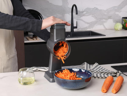 Rotary Cheese Grater, Aluminium, 3 Steel Drum Blades, Cheese, Vegetable, Chocolate, Nut, Fruit Grater with Handle, Non-Slip Suction Foot and Table Clamp, 5 Year Guarantee
