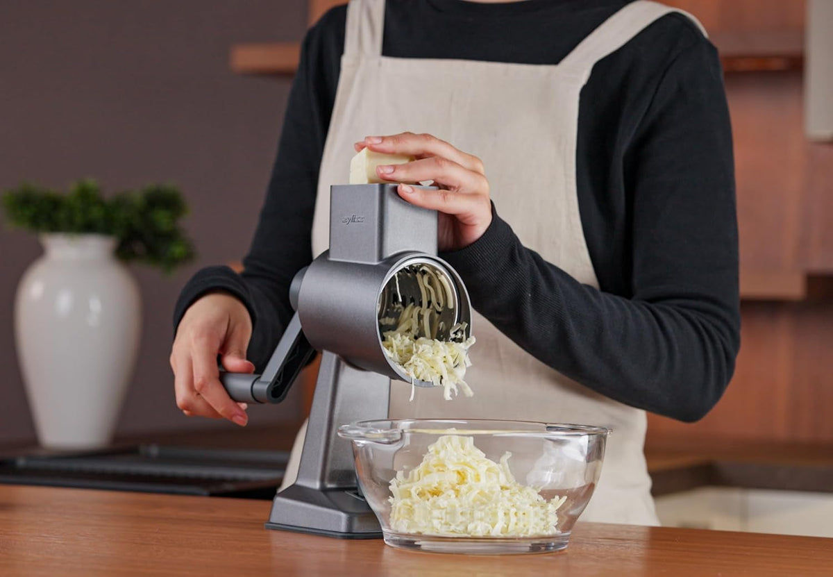 Rotary Cheese Grater, Aluminium, 3 Steel Drum Blades, Cheese, Vegetable, Chocolate, Nut, Fruit Grater with Handle, Non-Slip Suction Foot and Table Clamp, 5 Year Guarantee