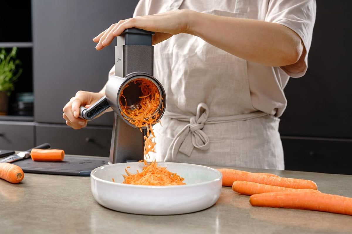 Rotary Cheese Grater, Aluminium, 3 Steel Drum Blades, Cheese, Vegetable, Chocolate, Nut, Fruit Grater with Handle, Non-Slip Suction Foot and Table Clamp, 5 Year Guarantee