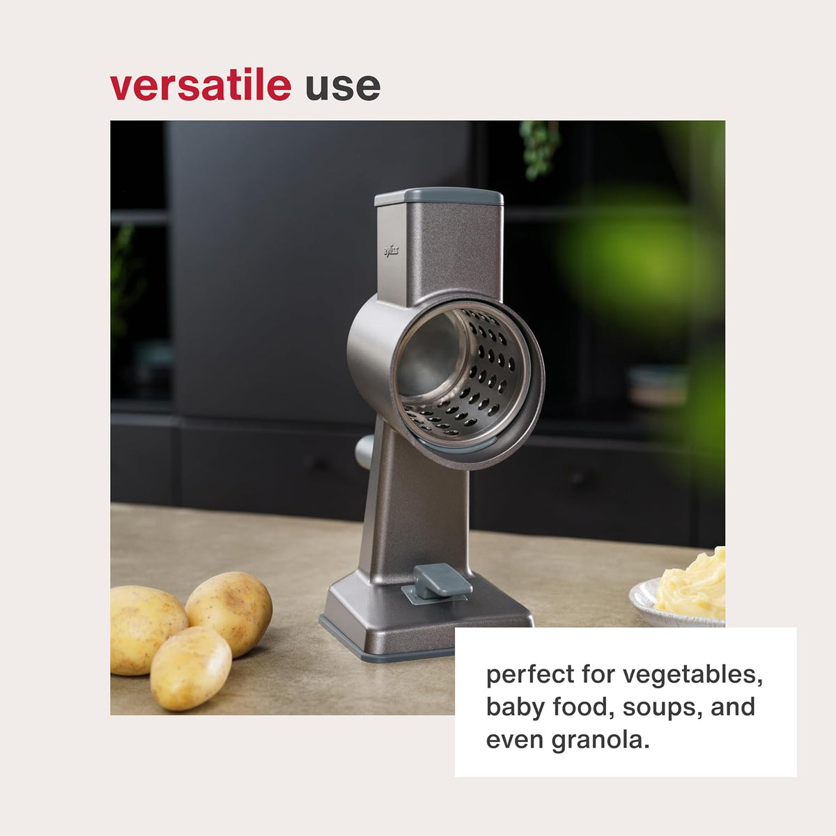 Rotary Cheese Grater, Aluminium, 3 Steel Drum Blades, Cheese, Vegetable, Chocolate, Nut, Fruit Grater with Handle, Non-Slip Suction Foot and Table Clamp, 5 Year Guarantee