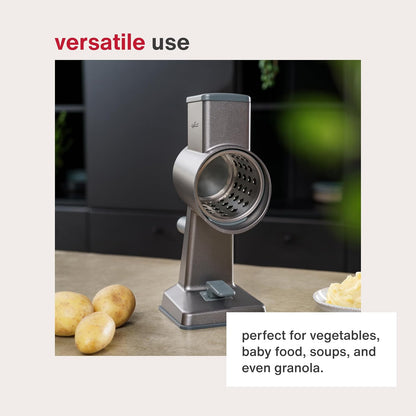 Rotary Cheese Grater, Aluminium, 3 Steel Drum Blades, Cheese, Vegetable, Chocolate, Nut, Fruit Grater with Handle, Non-Slip Suction Foot and Table Clamp, 5 Year Guarantee