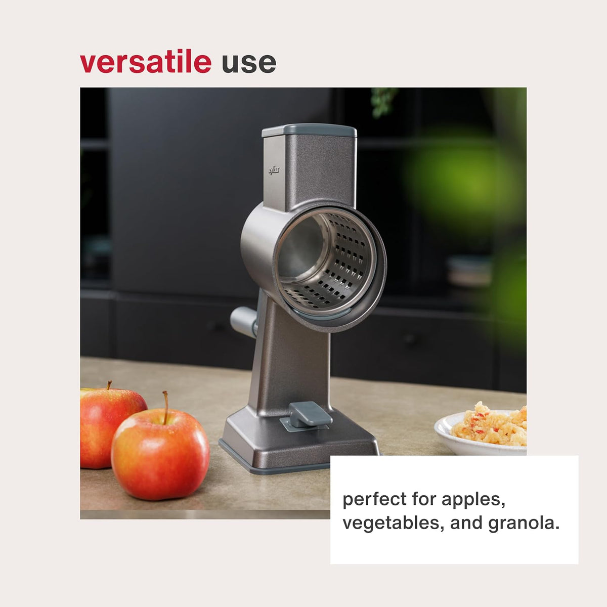 Rotary Cheese Grater, Aluminium, 3 Steel Drum Blades, Cheese, Vegetable, Chocolate, Nut, Fruit Grater with Handle, Non-Slip Suction Foot and Table Clamp, 5 Year Guarantee
