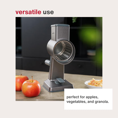 Rotary Cheese Grater, Aluminium, 3 Steel Drum Blades, Cheese, Vegetable, Chocolate, Nut, Fruit Grater with Handle, Non-Slip Suction Foot and Table Clamp, 5 Year Guarantee