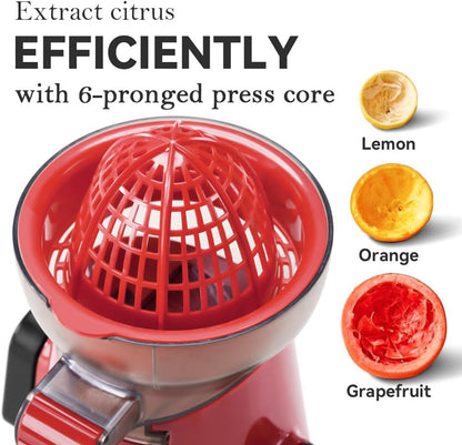 Manual Citrus Juicer Tower Red - Detachable with Juice Storage, Non-Slip Suction Base, Easy to Clean, Includes Cleaning Brush - for Oranges, Lemons, Limes, Grapefruits