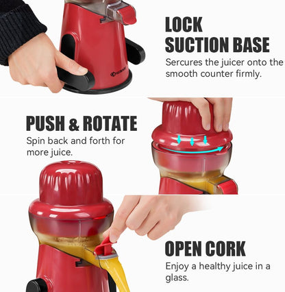 Manual Citrus Juicer Tower Red - Detachable with Juice Storage, Non-Slip Suction Base, Easy to Clean, Includes Cleaning Brush - for Oranges, Lemons, Limes, Grapefruits
