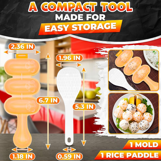 Rice Ball Mold, Shake to Make 3 Bite-Size Balls in Seconds | Rice Ball Maker Mold; Makes 3 Bite-Size Portions; Easy Release; for Bento, Temari Sushi & Yaki-Onigiri; with Scoop