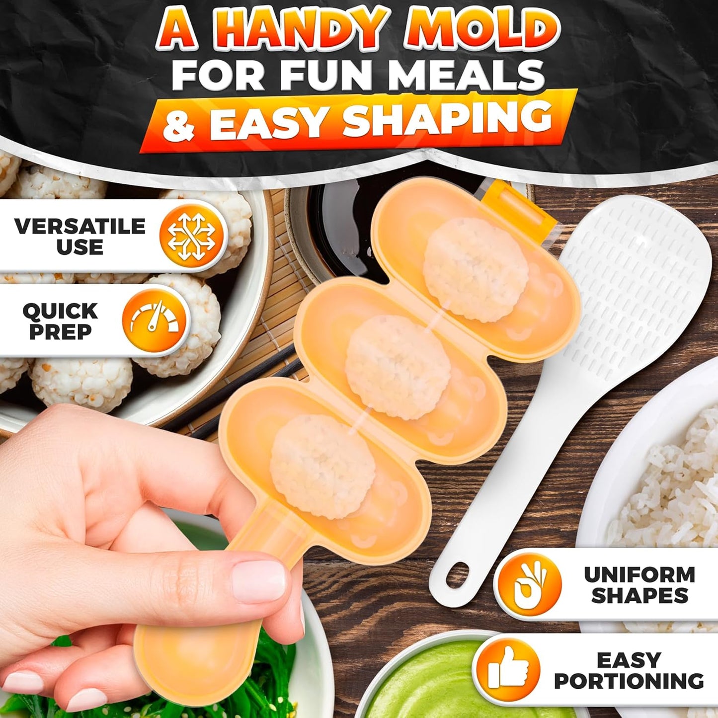 Rice Ball Mold, Shake to Make 3 Bite-Size Balls in Seconds | Rice Ball Maker Mold; Makes 3 Bite-Size Portions; Easy Release; for Bento, Temari Sushi & Yaki-Onigiri; with Scoop