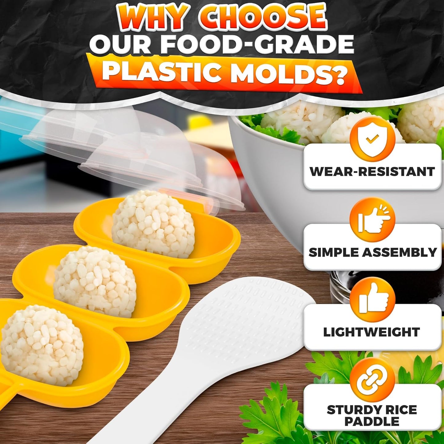 Rice Ball Mold, Shake to Make 3 Bite-Size Balls in Seconds | Rice Ball Maker Mold; Makes 3 Bite-Size Portions; Easy Release; for Bento, Temari Sushi & Yaki-Onigiri; with Scoop