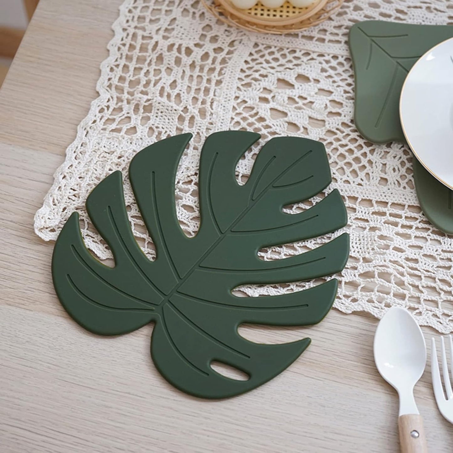 Silicone Trivet Mat Set of 2, Monstera Pot Holder Hot Pads for Table & Countertop, Soft Rubber Multi-Use Trivets for Pots & Dish, Non Slip Coasters (Large)