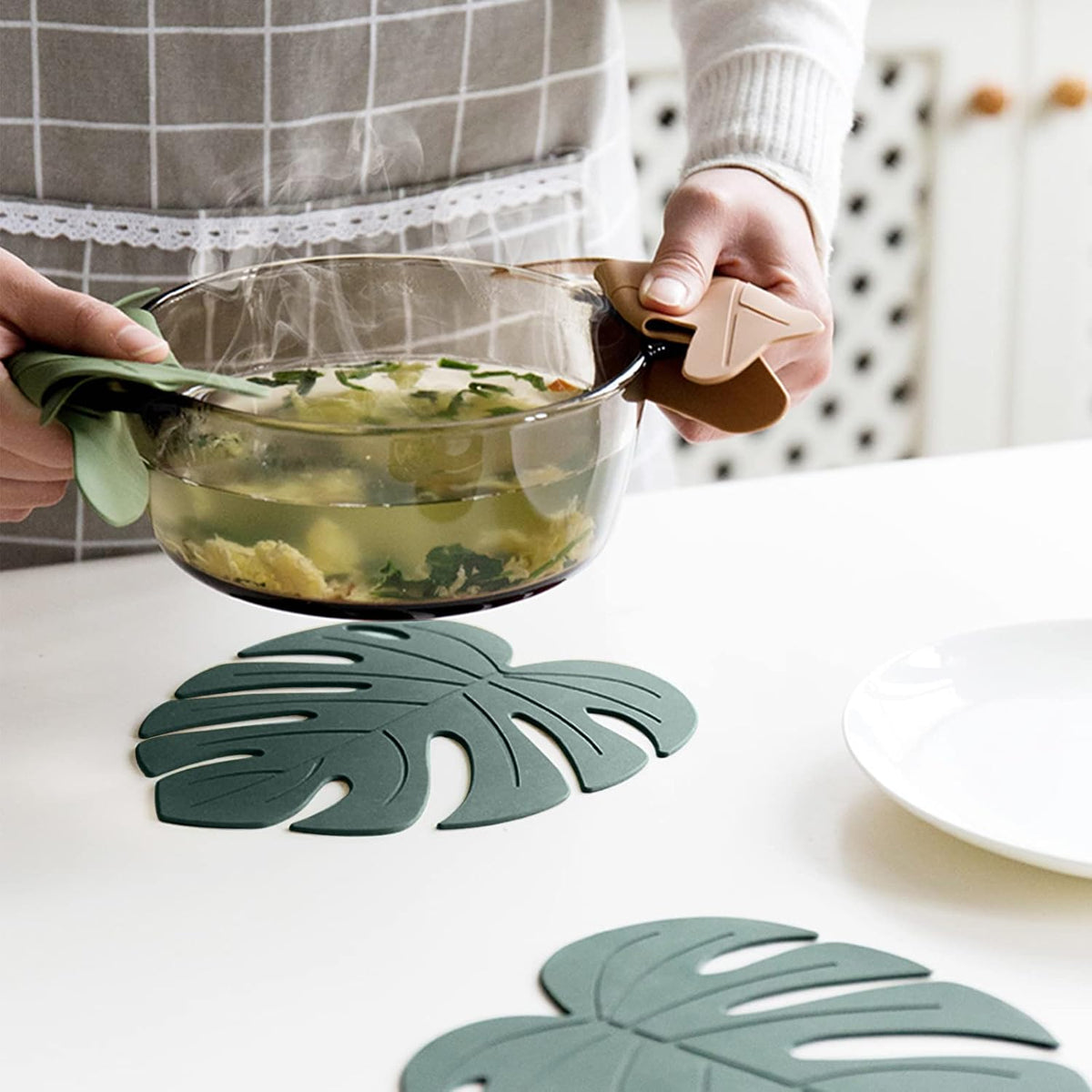 Silicone Trivet Mat Set of 2, Monstera Pot Holder Hot Pads for Table & Countertop, Soft Rubber Multi-Use Trivets for Pots & Dish, Non Slip Coasters (Large)