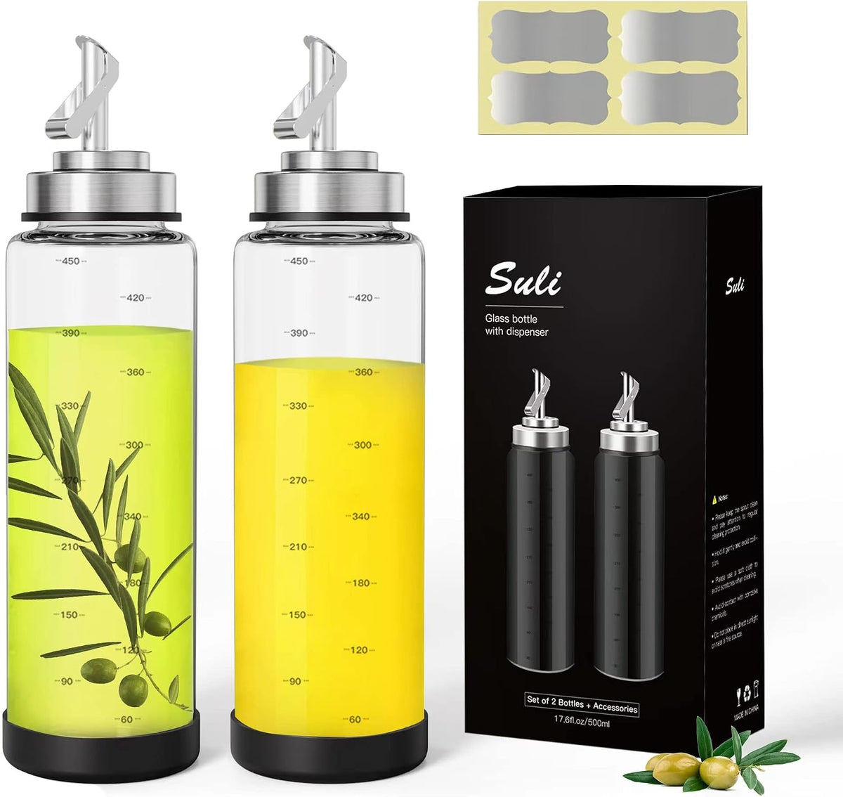Glass Olive Oil Dispenser Bottle -2 Pack17oz Oil and Vinegar Cruet Set with Steel Spouts and Labels for Kitchen Cooking, Salad Dressing, and BBQ (Silver)