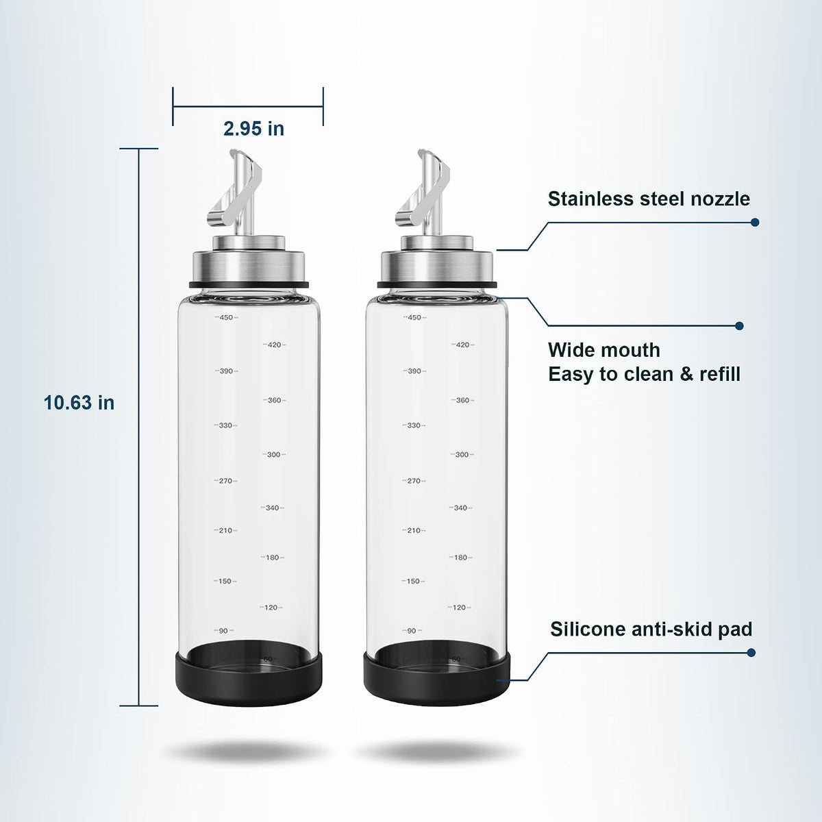 Glass Olive Oil Dispenser Bottle -2 Pack17oz Oil and Vinegar Cruet Set with Steel Spouts and Labels for Kitchen Cooking, Salad Dressing, and BBQ (Silver)