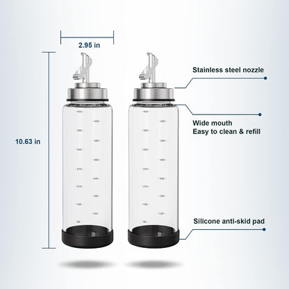 Glass Olive Oil Dispenser Bottle -2 Pack17oz Oil and Vinegar Cruet Set with Steel Spouts and Labels for Kitchen Cooking, Salad Dressing, and BBQ (Silver)