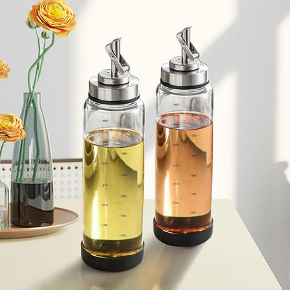 Glass Olive Oil Dispenser Bottle -2 Pack17oz Oil and Vinegar Cruet Set with Steel Spouts and Labels for Kitchen Cooking, Salad Dressing, and BBQ (Silver)