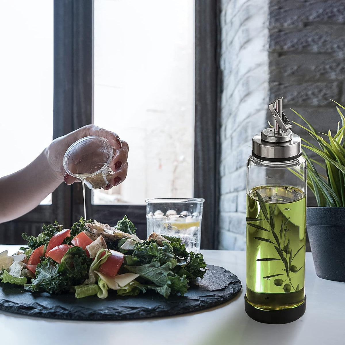 Glass Olive Oil Dispenser Bottle -2 Pack17oz Oil and Vinegar Cruet Set with Steel Spouts and Labels for Kitchen Cooking, Salad Dressing, and BBQ (Silver)