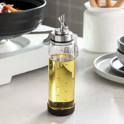 Glass Olive Oil Dispenser Bottle -2 Pack17oz Oil and Vinegar Cruet Set with Steel Spouts and Labels for Kitchen Cooking, Salad Dressing, and BBQ (Silver)