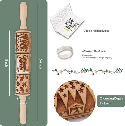 Floral Vine Embossed Rolling Pins for Cookies, Wooden Engraved Rolling Pins for Baking, Embossing Rolling Pins with Designs, Patterned Rolling Pin Decorative Springerle Mold Stamp Clay Pattern Roller