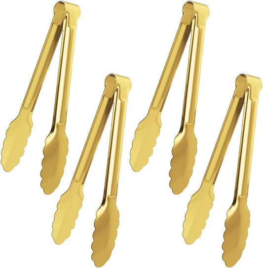 4 Pack Gold Serving Tongs Buffet Tongs Serving Utensils Salad Tongs Stainless Steel Gold Plated Buffet Serving Tongs,9 Inch