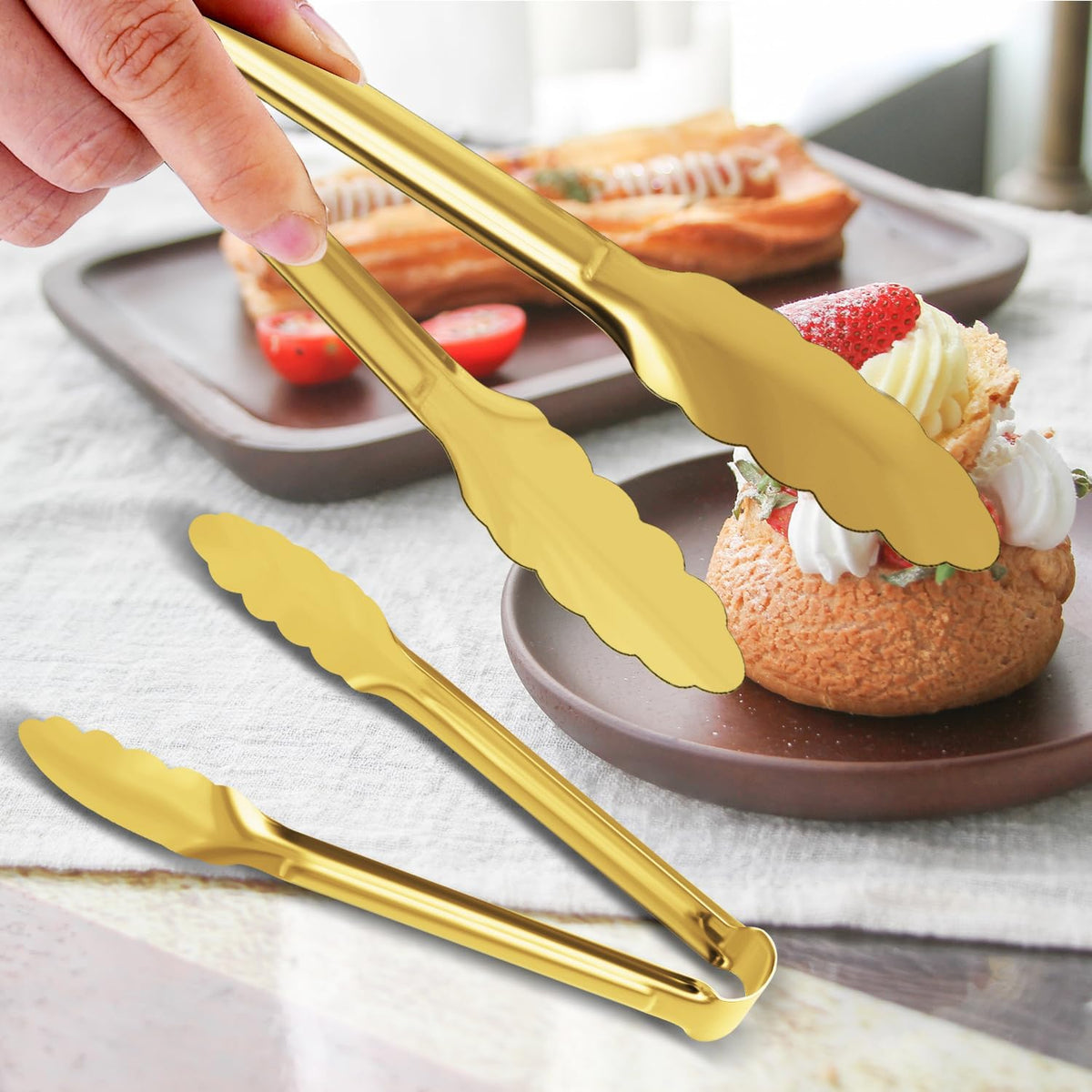 4 Pack Gold Serving Tongs Buffet Tongs Serving Utensils Salad Tongs Stainless Steel Gold Plated Buffet Serving Tongs,9 Inch