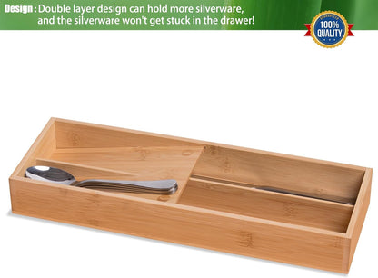 Bamboo Silverware Drawer Organizer, Kitchen Small Silverware Organizer, Utensil Tray Holder, Cutlery Tray for Spoons, Forks, Knives, Suitable for a family of 2-4