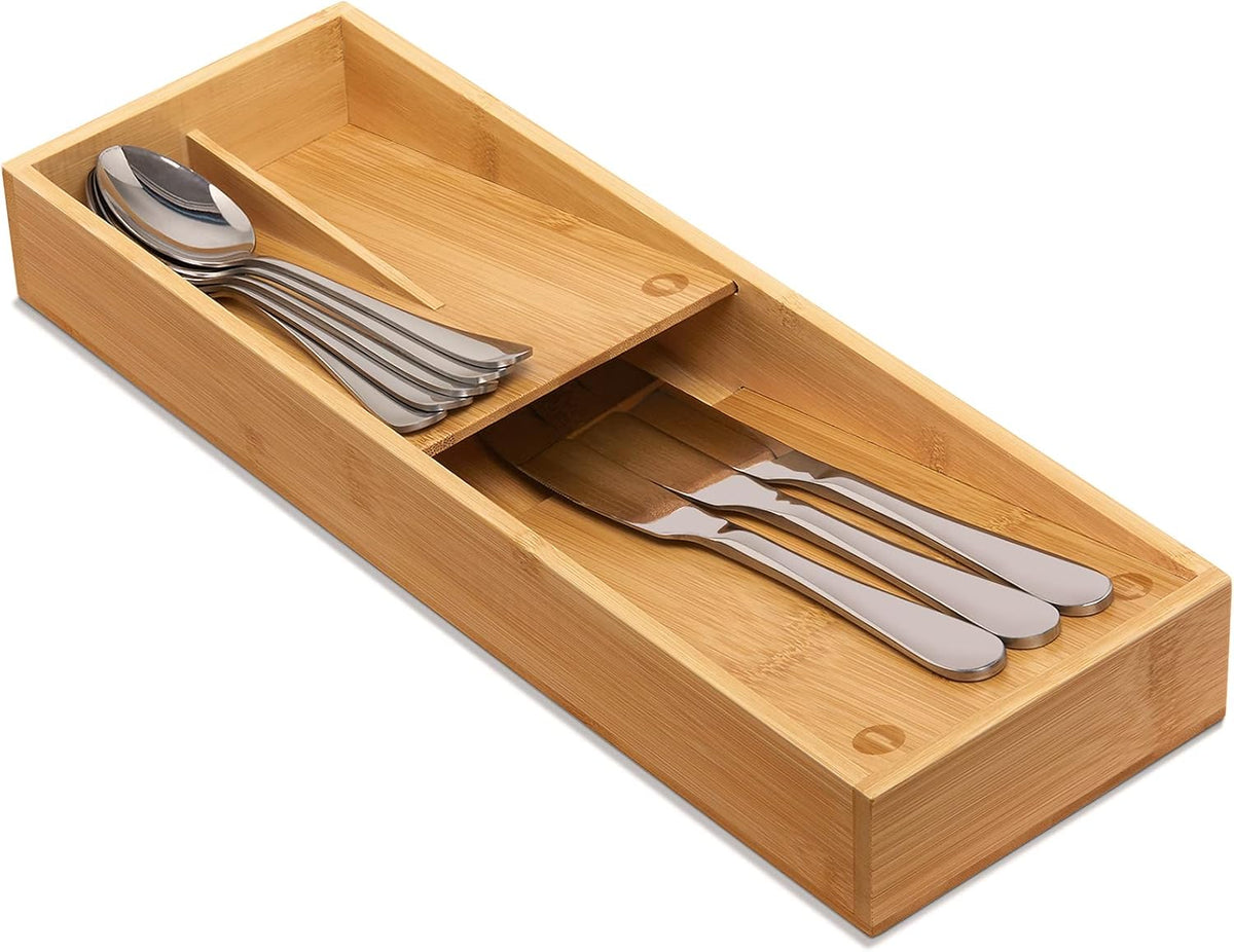 Bamboo Silverware Drawer Organizer, Kitchen Small Silverware Organizer, Utensil Tray Holder, Cutlery Tray for Spoons, Forks, Knives, Suitable for a family of 2-4