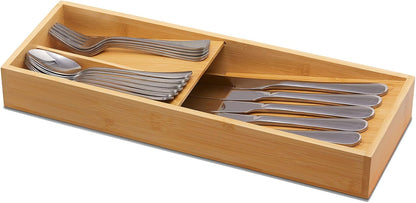 Bamboo Silverware Drawer Organizer, Kitchen Small Silverware Organizer, Utensil Tray Holder, Cutlery Tray for Spoons, Forks, Knives, Suitable for a family of 2-4