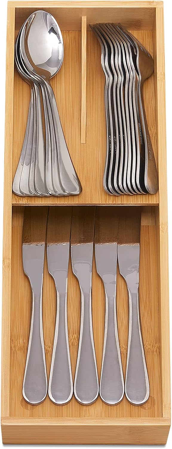 Bamboo Silverware Drawer Organizer, Kitchen Small Silverware Organizer, Utensil Tray Holder, Cutlery Tray for Spoons, Forks, Knives, Suitable for a family of 2-4