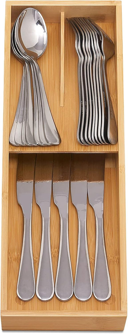 Bamboo Silverware Drawer Organizer, Kitchen Small Silverware Organizer, Utensil Tray Holder, Cutlery Tray for Spoons, Forks, Knives, Suitable for a family of 2-4