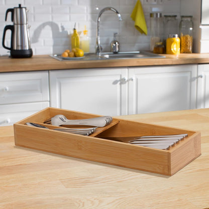 Bamboo Silverware Drawer Organizer, Kitchen Small Silverware Organizer, Utensil Tray Holder, Cutlery Tray for Spoons, Forks, Knives, Suitable for a family of 2-4