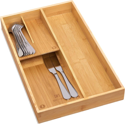 Bamboo Silverware Drawer Organizer, Kitchen Small Silverware Organizer, Utensil Tray Holder, Cutlery Tray for Spoons, Forks, Knives, Suitable for a family of 2-4