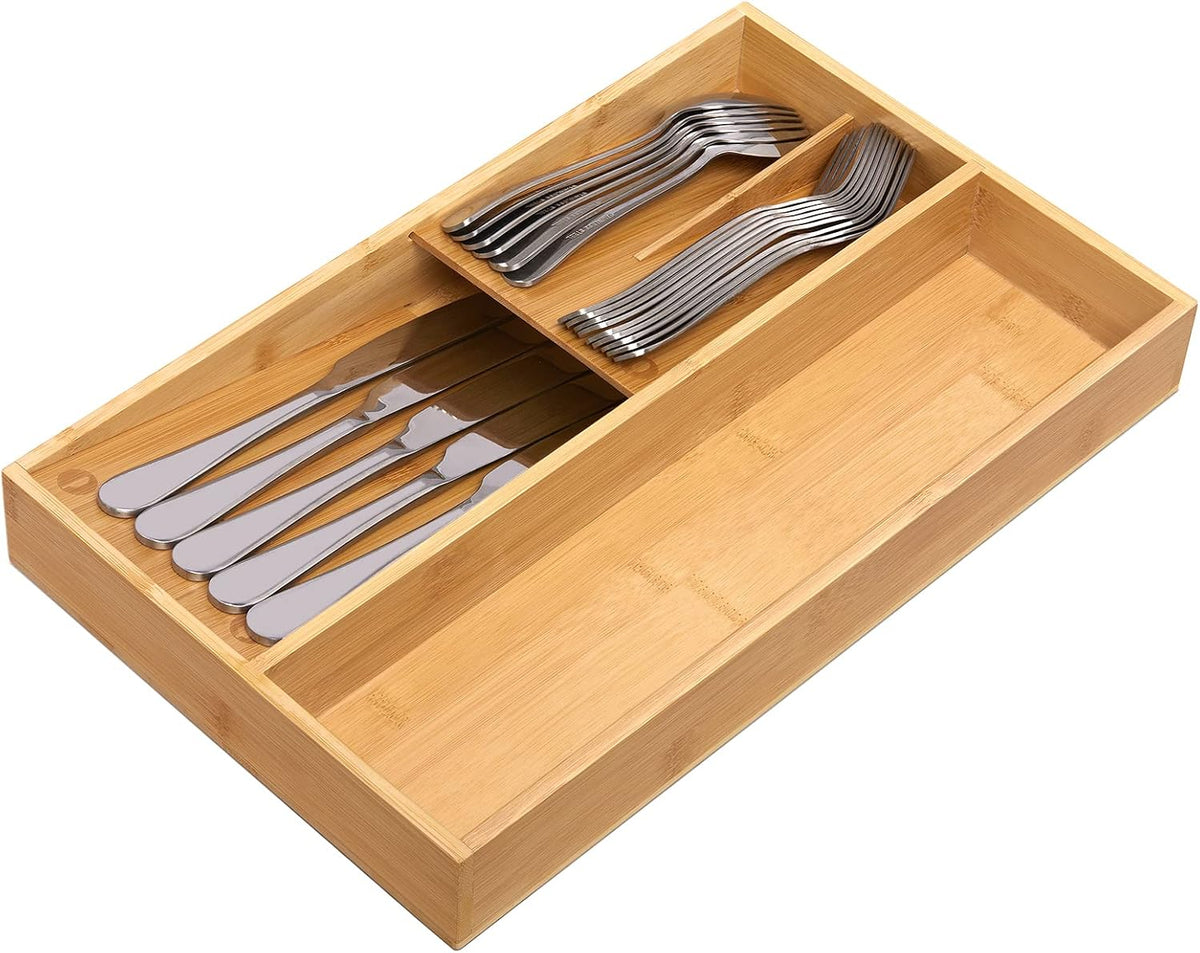 Bamboo Silverware Drawer Organizer, Kitchen Small Silverware Organizer, Utensil Tray Holder, Cutlery Tray for Spoons, Forks, Knives, Suitable for a family of 2-4