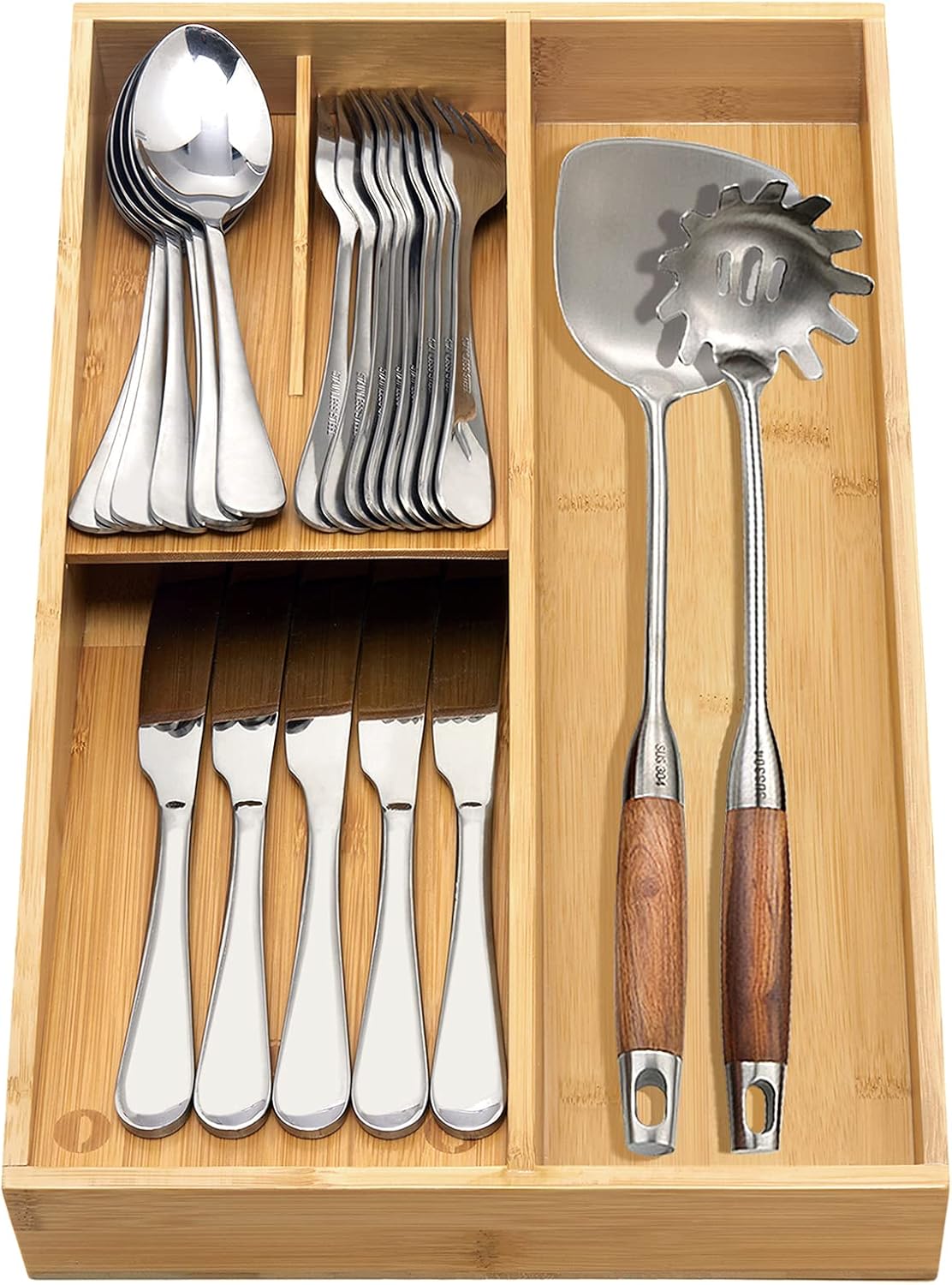 Bamboo Silverware Drawer Organizer, Kitchen Small Silverware Organizer, Utensil Tray Holder, Cutlery Tray for Spoons, Forks, Knives, Suitable for a family of 2-4