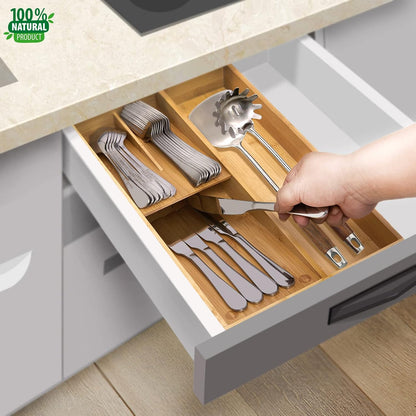 Bamboo Silverware Drawer Organizer, Kitchen Small Silverware Organizer, Utensil Tray Holder, Cutlery Tray for Spoons, Forks, Knives, Suitable for a family of 2-4