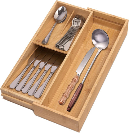 Bamboo Silverware Drawer Organizer, Kitchen Small Silverware Organizer, Utensil Tray Holder, Cutlery Tray for Spoons, Forks, Knives, Suitable for a family of 2-4